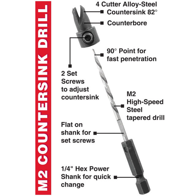 4 Pc. Set Countersink Tapered Drills #6 #8 #10 M2 HSS