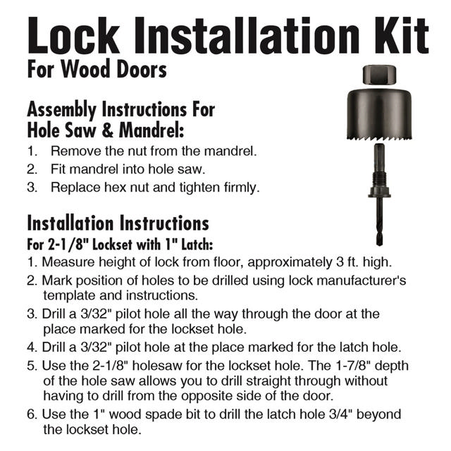 3 Pc Wood Lock Install Kit 1-7/8